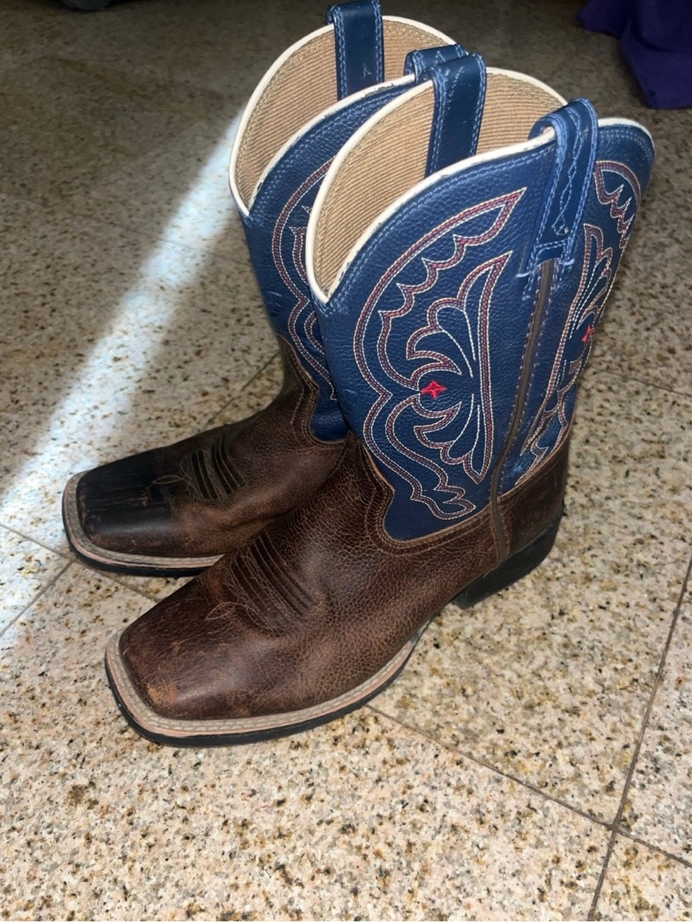 Ariat Brown Leather Foot with Blue Embroidered Shaft Cowboy Boots